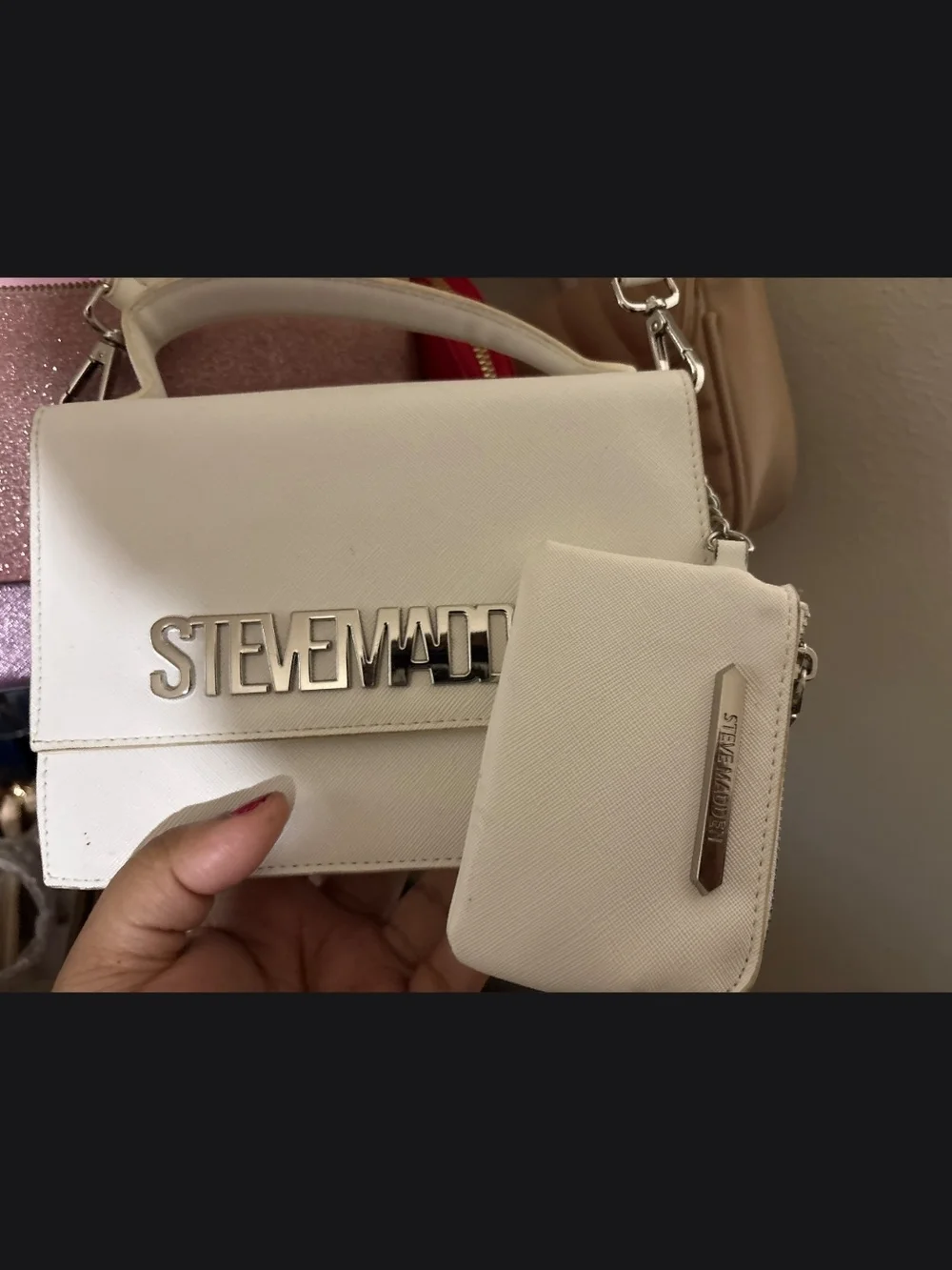 Steve Madden White Top-Handle Satchel with Silver Logo And Pouch